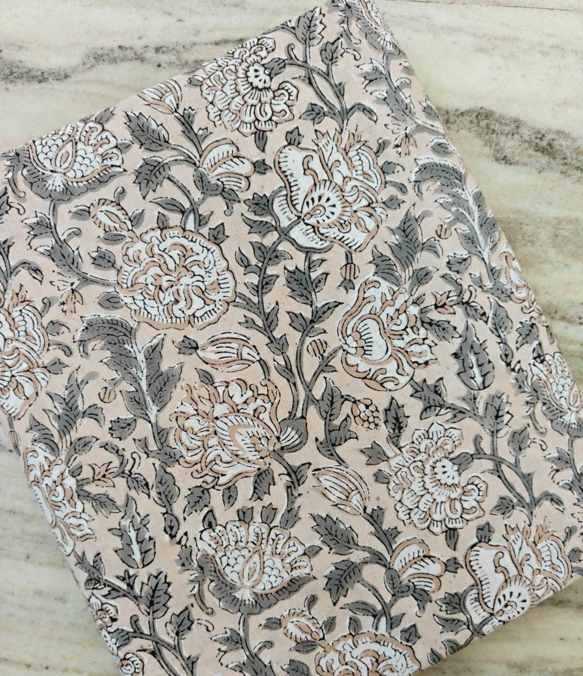 Beige Floral Cotton Fabric by the Yard | Hand Block Print Botanical Fabric | Neutral Boho Sewing Quilting Upholstery Textile | Loose Fabric