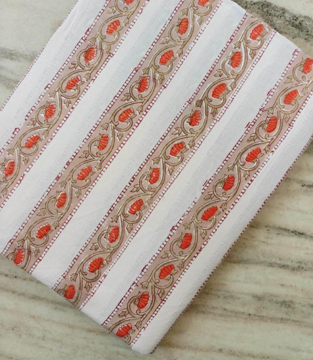 White Floral Stripe Cotton Fabric by the Yard, Hand Block Print Border Fabric, Sewing Quilting Upholstery Textile, Running Cotton Fabric