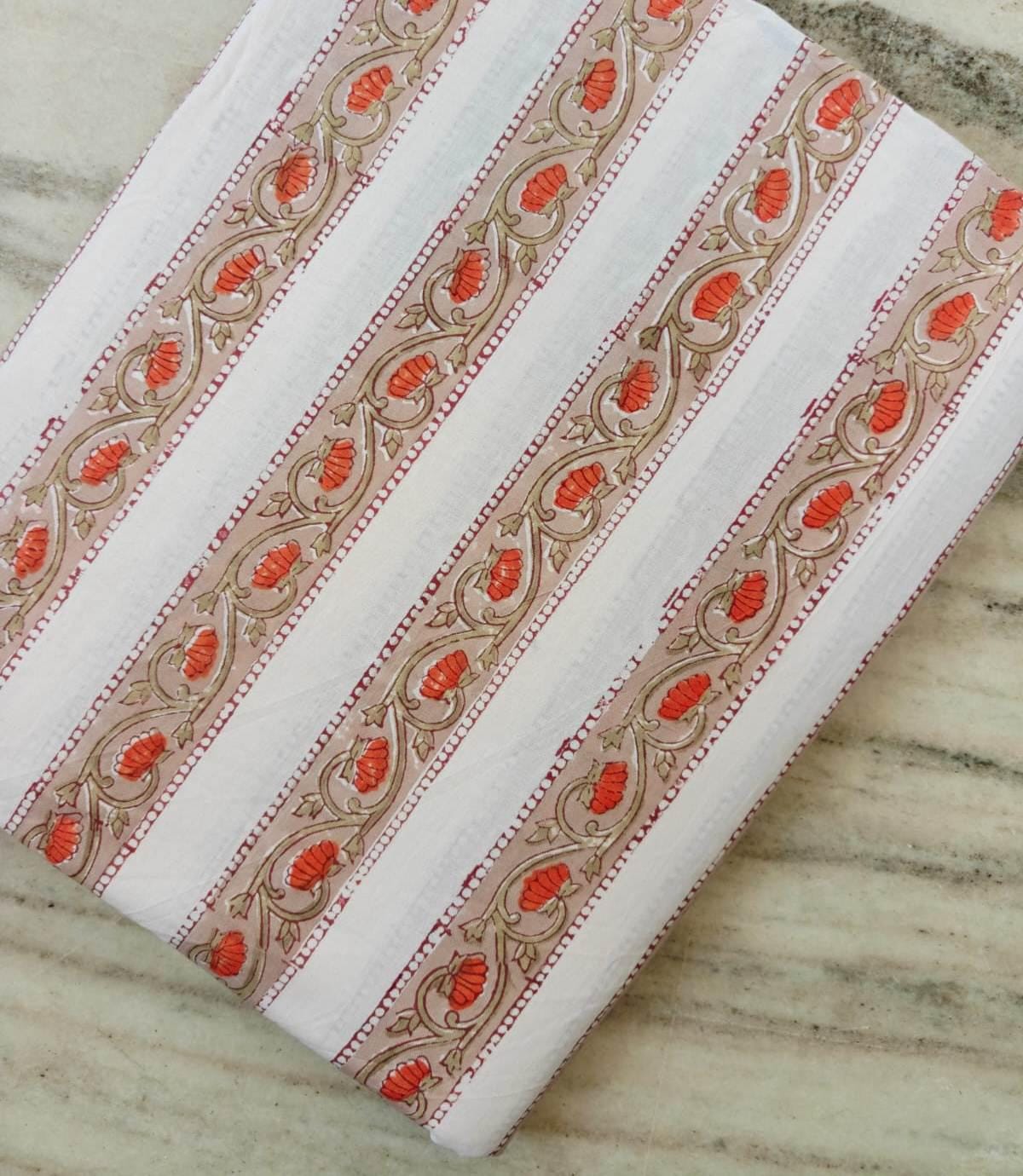 White Floral Stripe Cotton Fabric by the Yard, Hand Block Print Border Fabric, Sewing Quilting Upholstery Textile, Running Cotton Fabric