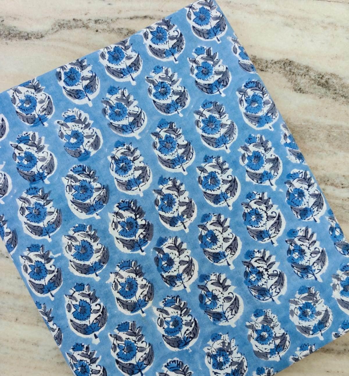 Blue Floral Cotton Fabric by the Yard, Hand Block Print Indian Fabric, Quilting Sewing Upholstery Textile For Dress Making, Running Fabric