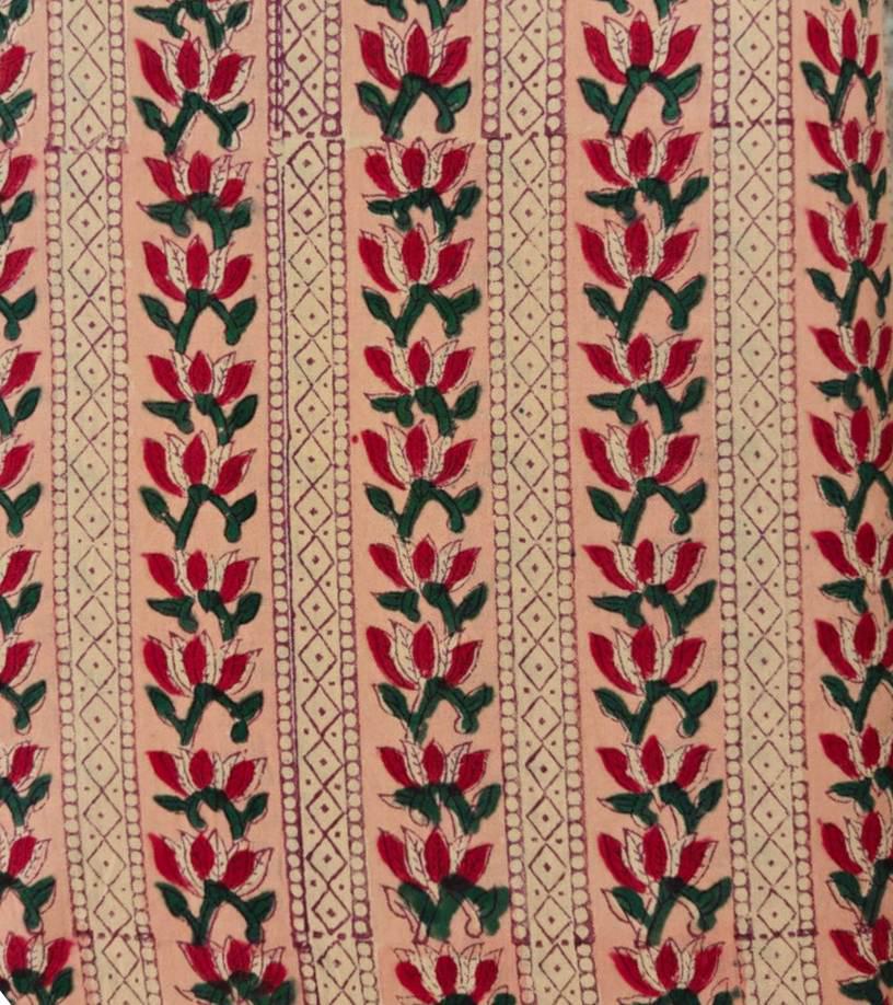 Peach Floral Stripe Fabric, Hand Block Print Cotton Fabric by The Yard, Indian Handmade Cotton Textile for Sewing Quilting Craft Decor
