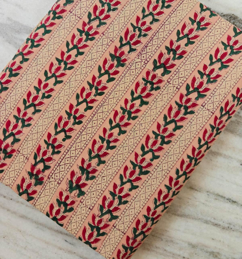 Peach Floral Stripe Fabric, Hand Block Print Cotton Fabric by The Yard, Indian Handmade Cotton Textile for Sewing Quilting Craft Decor