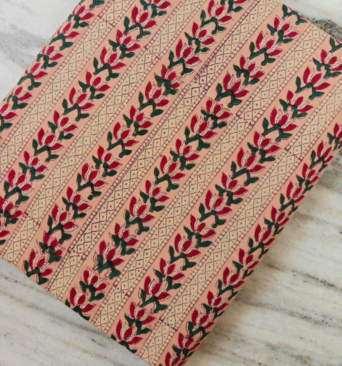Peach Floral Stripe Fabric, Hand Block Print Cotton Fabric by The Yard, Indian Handmade Cotton Textile for Sewing Quilting Craft Decor
