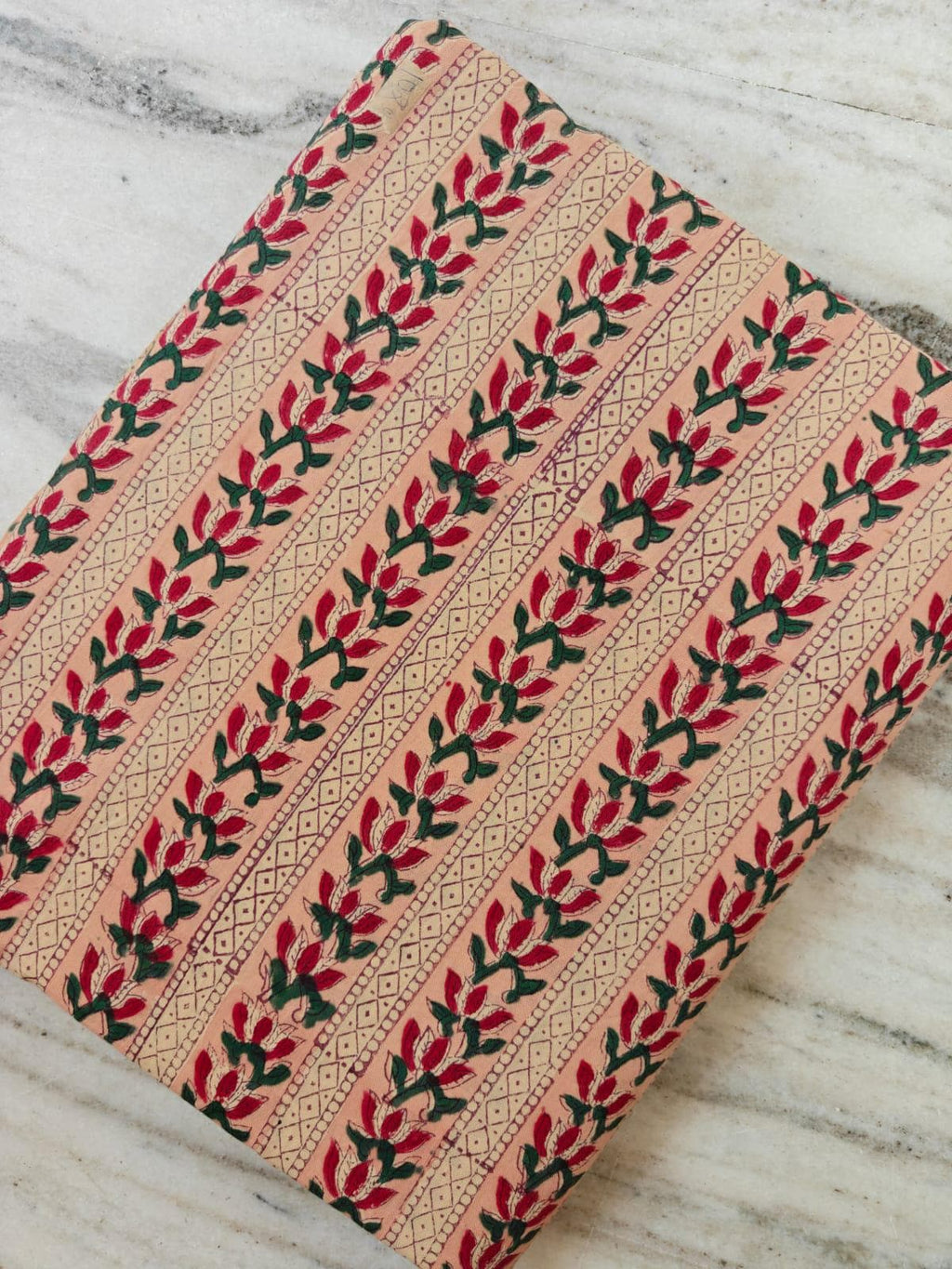 Peach Floral Stripe Fabric, Hand Block Print Cotton Fabric by The Yard, Indian Handmade Cotton Textile for Sewing Quilting Craft Decor