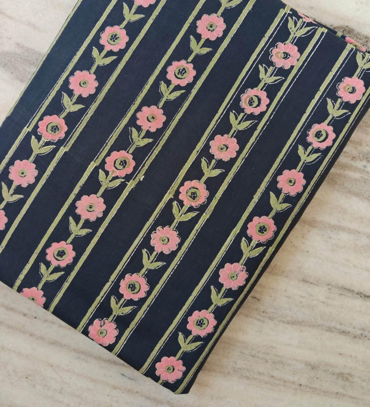 Navy Blue Floral Stripe Cotton Fabric by Yard, Hand Block Print Indian Cotton Fabric for Sewing Quilting Dresses Home Decor, Table Cover
