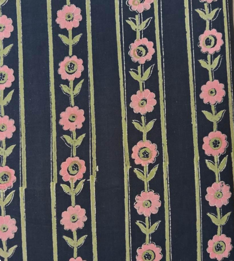 Navy Blue Floral Stripe Cotton Fabric by Yard, Hand Block Print Indian Cotton Fabric for Sewing Quilting Dresses Home Decor, Table Cover