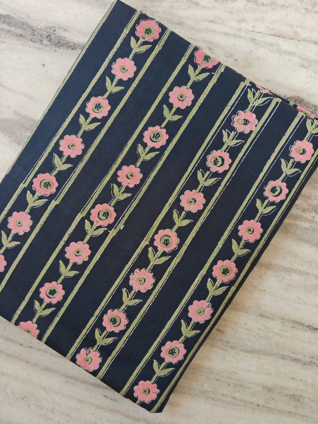 Navy Blue Floral Stripe Cotton Fabric by Yard, Hand Block Print Indian Cotton Fabric for Sewing Quilting Dresses Home Decor, Table Cover