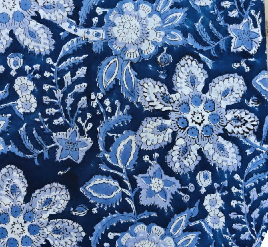 Indigo Blue Floral Cotton Fabric By Yard, Hand Block Print Indian Fabric, Quilting Sewing Dressmaking Boho Fabric, Home Decor, Personlized