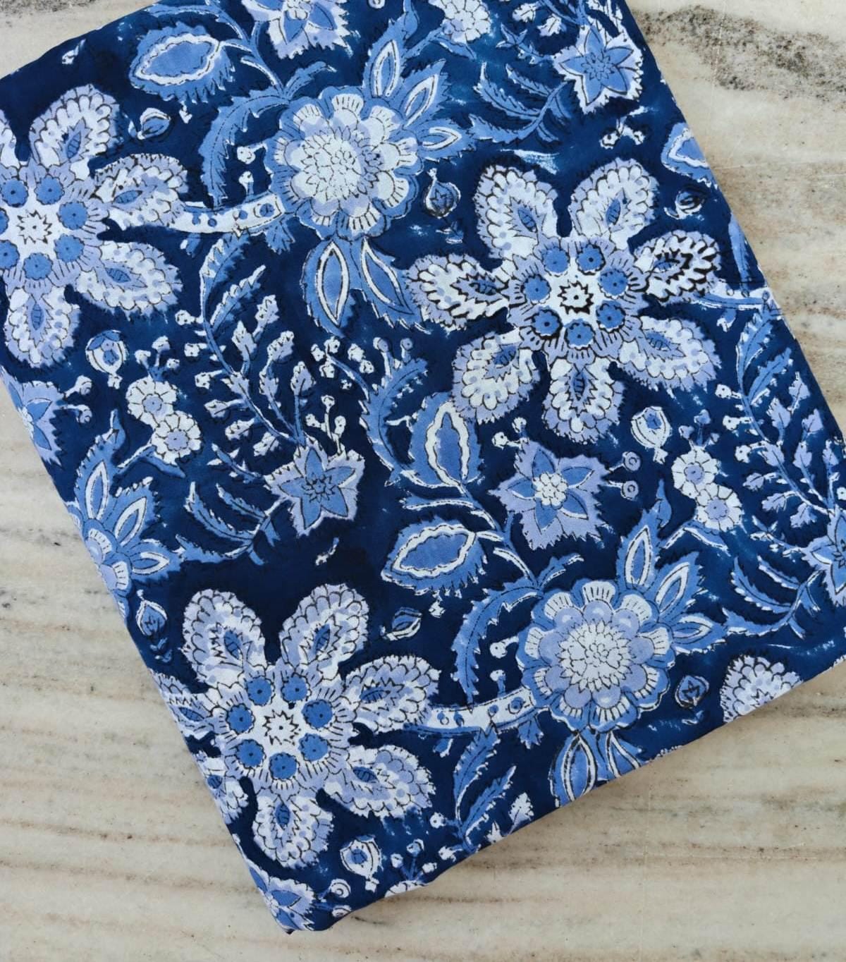 Indigo Blue Floral Cotton Fabric By Yard, Hand Block Print Indian Fabric, Quilting Sewing Dressmaking Boho Fabric, Home Decor, Personlized