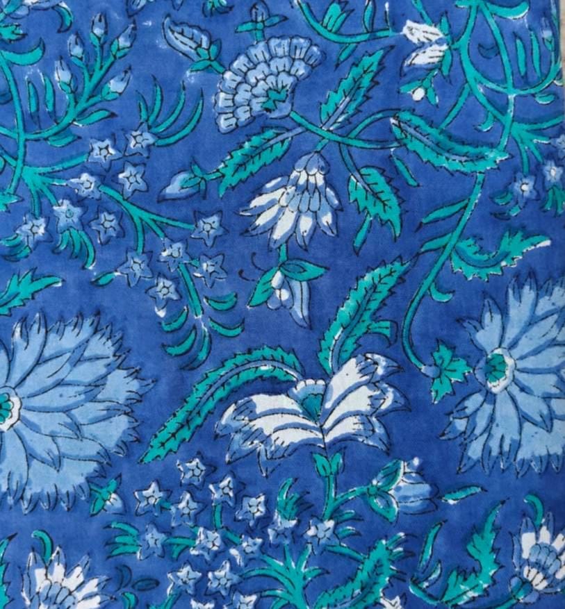Blue Floral Cotton Fabric by Yard, Indian Hand Block Print Fabric, Soft Cotton Craft Fabric, Blue Botanical Fabric for Sewing Dressmaking