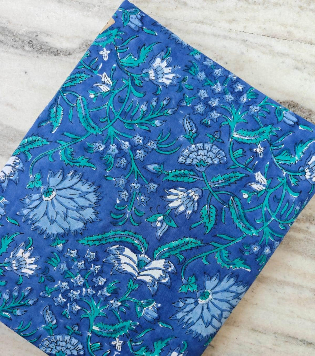 Blue Floral Cotton Fabric by Yard, Indian Hand Block Print Fabric, Soft Cotton Craft Fabric, Blue Botanical Fabric for Sewing Dressmaking