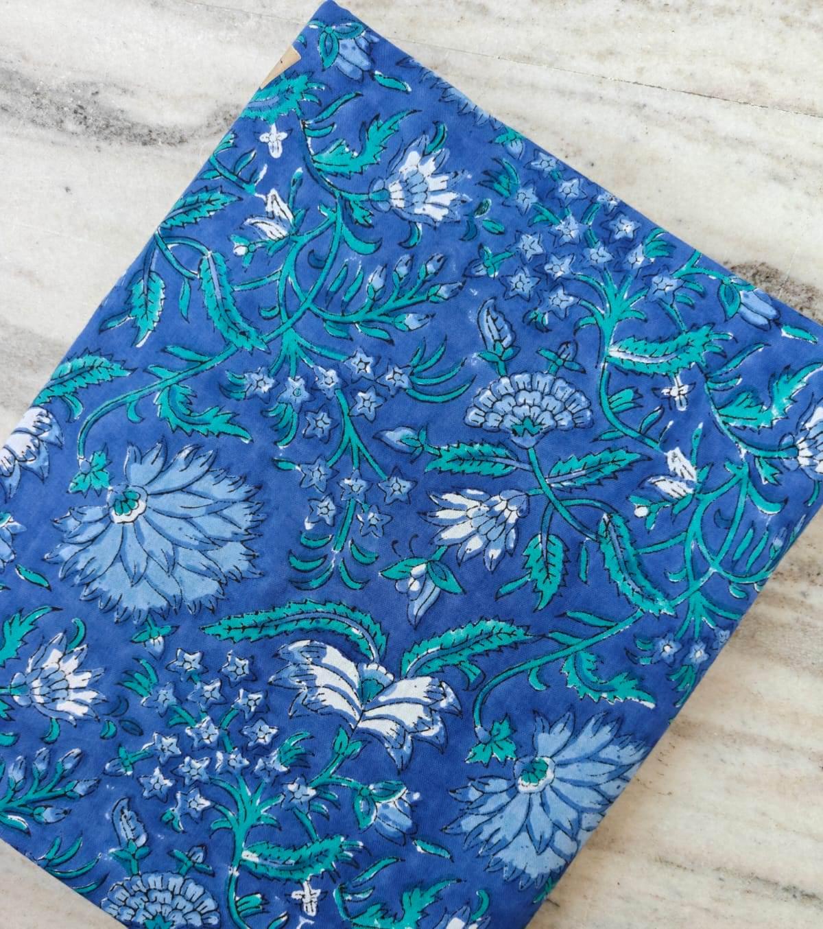 Blue Floral Cotton Fabric by Yard, Indian Hand Block Print Fabric, Soft Cotton Craft Fabric, Blue Botanical Fabric for Sewing Dressmaking