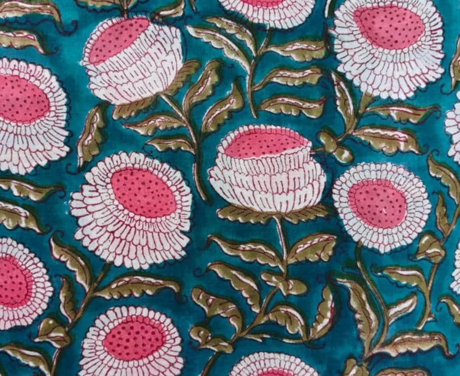 Teal Pink Floral Cotton Fabric by Yard, Hand Block Print Fabric, Indian Cotton Fabric, Boho Flower Fabric, Sewing Quilting Craft Material