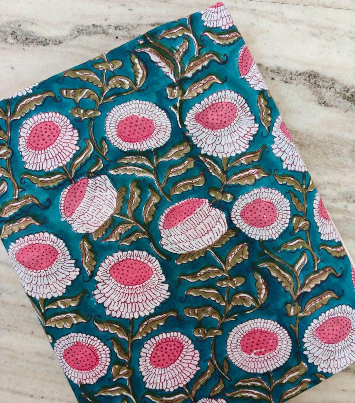 Teal Pink Floral Cotton Fabric by Yard, Hand Block Print Fabric, Indian Cotton Fabric, Boho Flower Fabric, Sewing Quilting Craft Material
