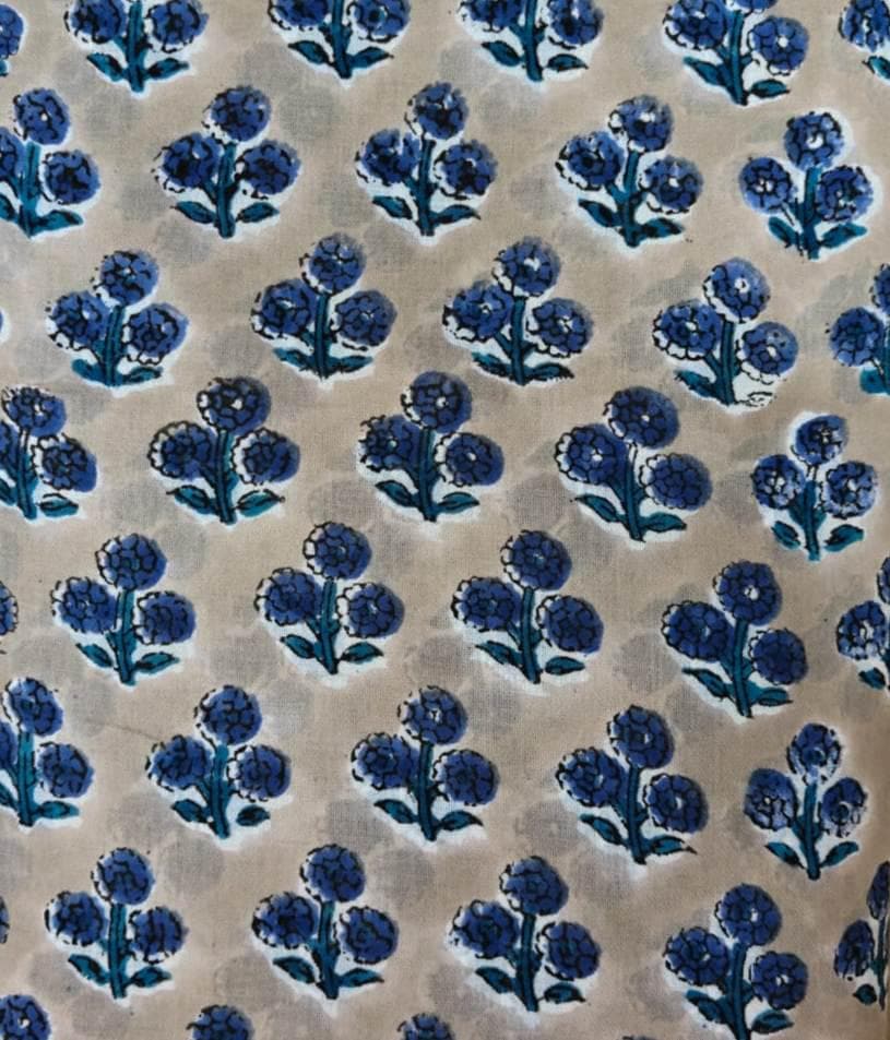 Blue Floral Hand Block Print Cotton Fabric by the Yard, Indian Lightweight Cotton Fabric for Sewing Dressmaking Napkins Fabric, Loose Fabric