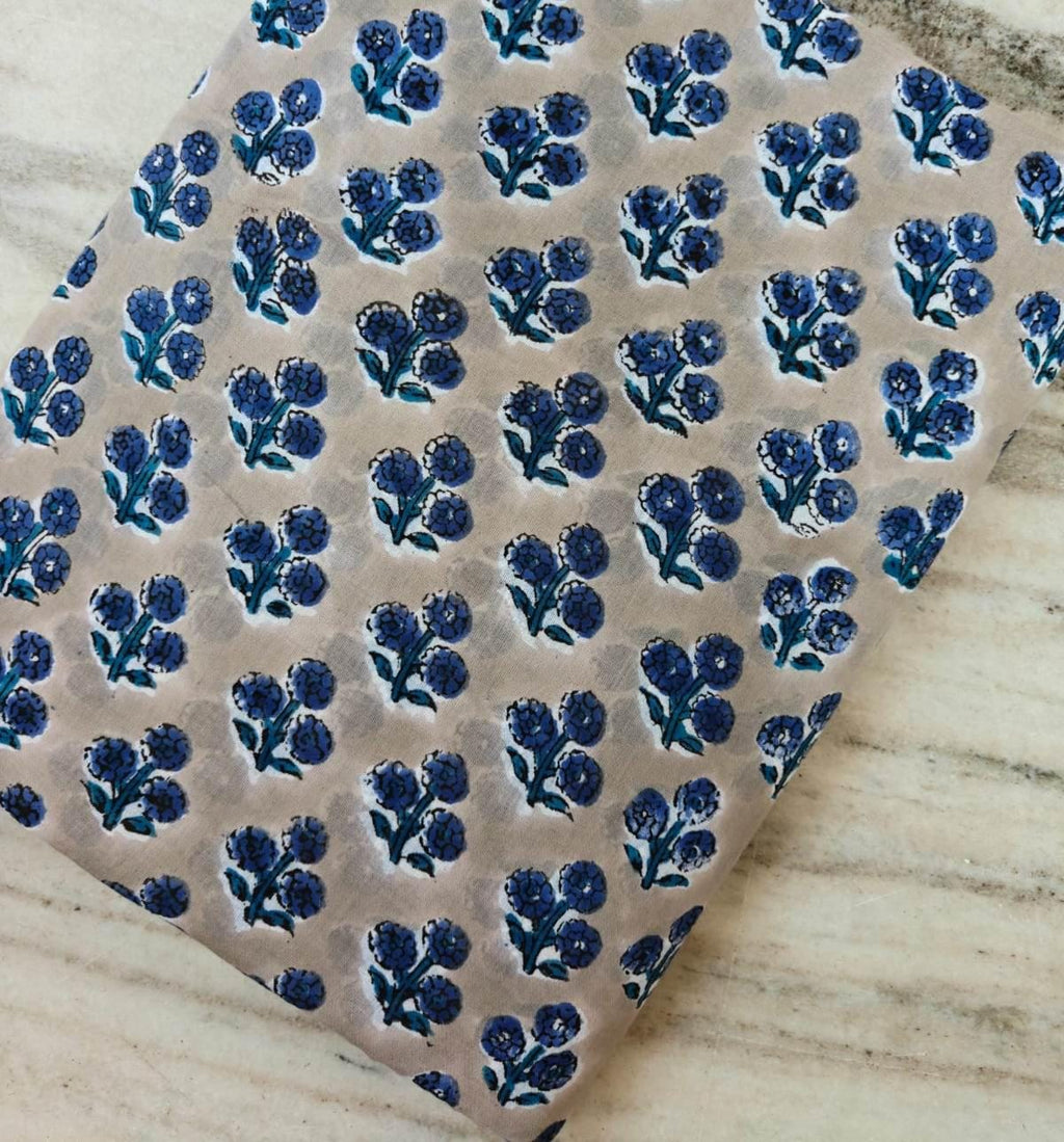 Blue Floral Hand Block Print Cotton Fabric by the Yard, Indian Lightweight Cotton Fabric for Sewing Dressmaking Napkins Fabric, Loose Fabric