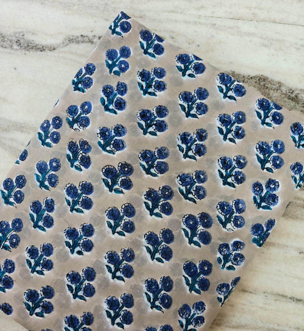 Blue Floral Hand Block Print Cotton Fabric by the Yard, Indian Lightweight Cotton Fabric for Sewing Dressmaking Napkins Fabric, Loose Fabric