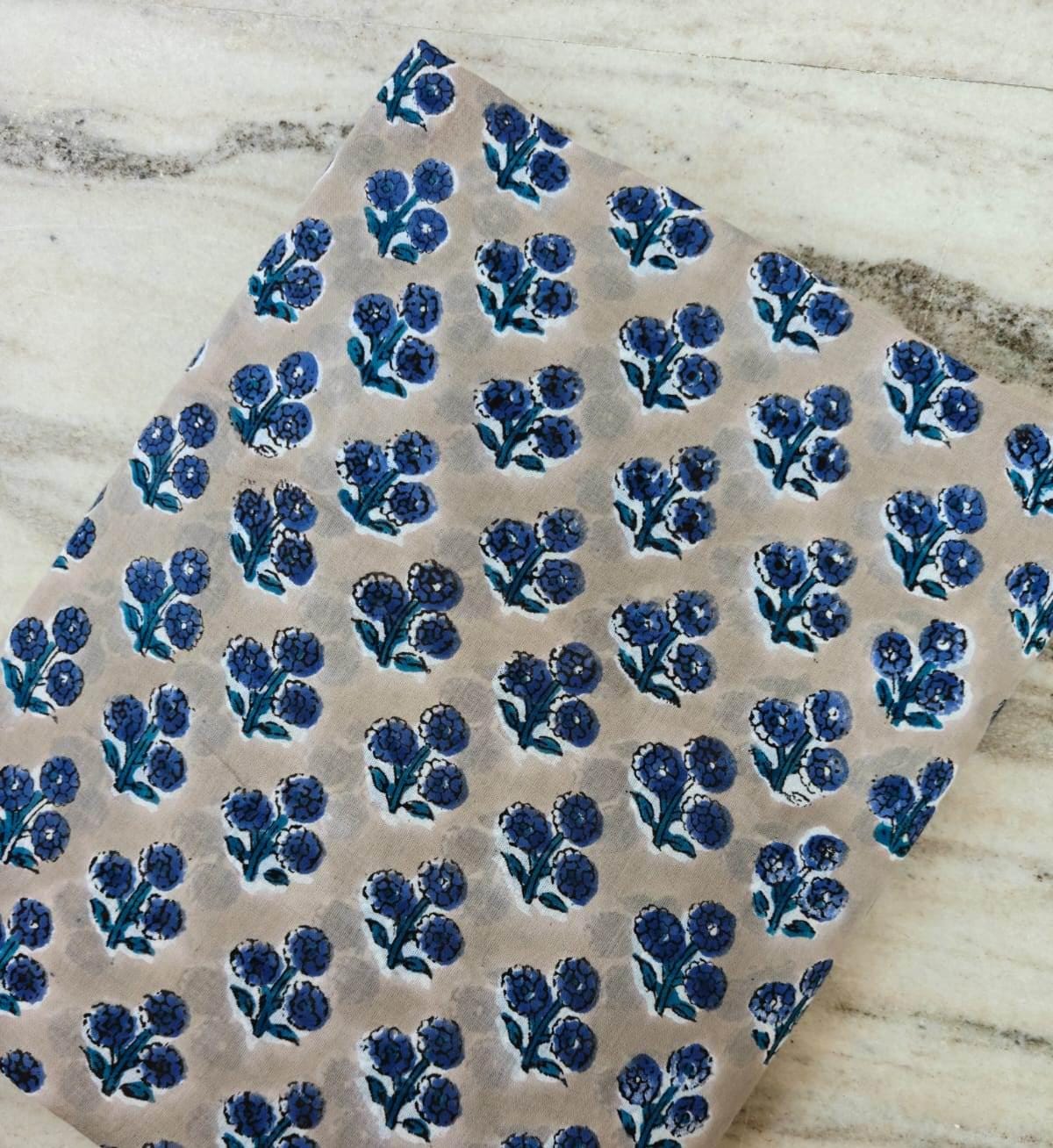 Blue Floral Hand Block Print Cotton Fabric by the Yard, Indian Lightweight Cotton Fabric for Sewing Dressmaking Napkins Fabric, Loose Fabric