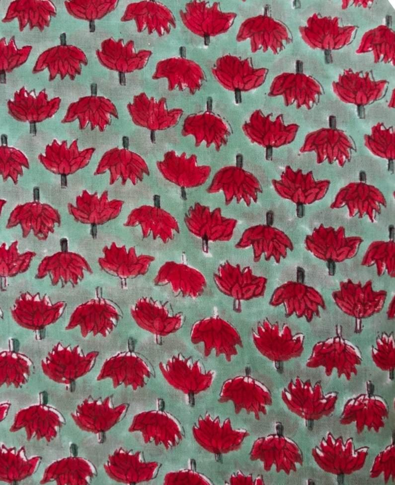 Red Floral Hand Block Print Cotton Fabric by the Yard, Indian Soft Cotton Fabric for Sewing Quilting Dressmaking Napkins Fabric Loose Fabric
