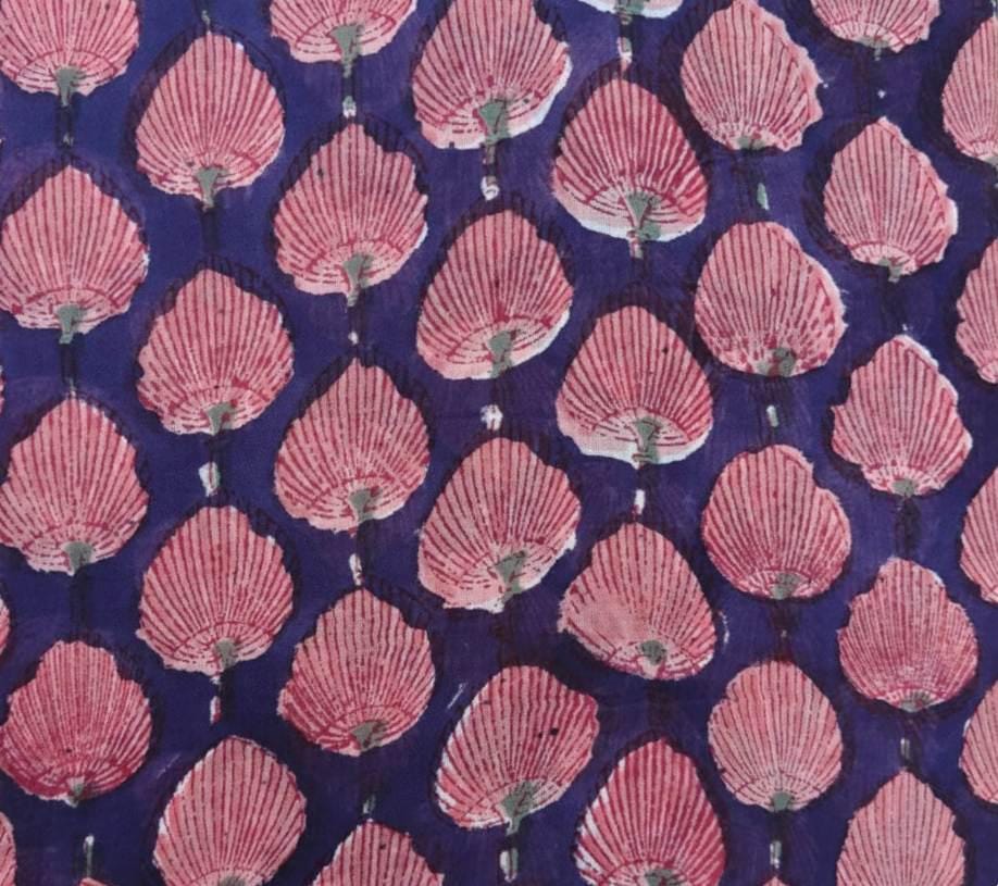 Pink Seashell Hand Block Print Cotton Fabric by the Yard, Indian Soft Cotton Fabric for Sewing Quilting Beach Decor, Fabric For Dress Making