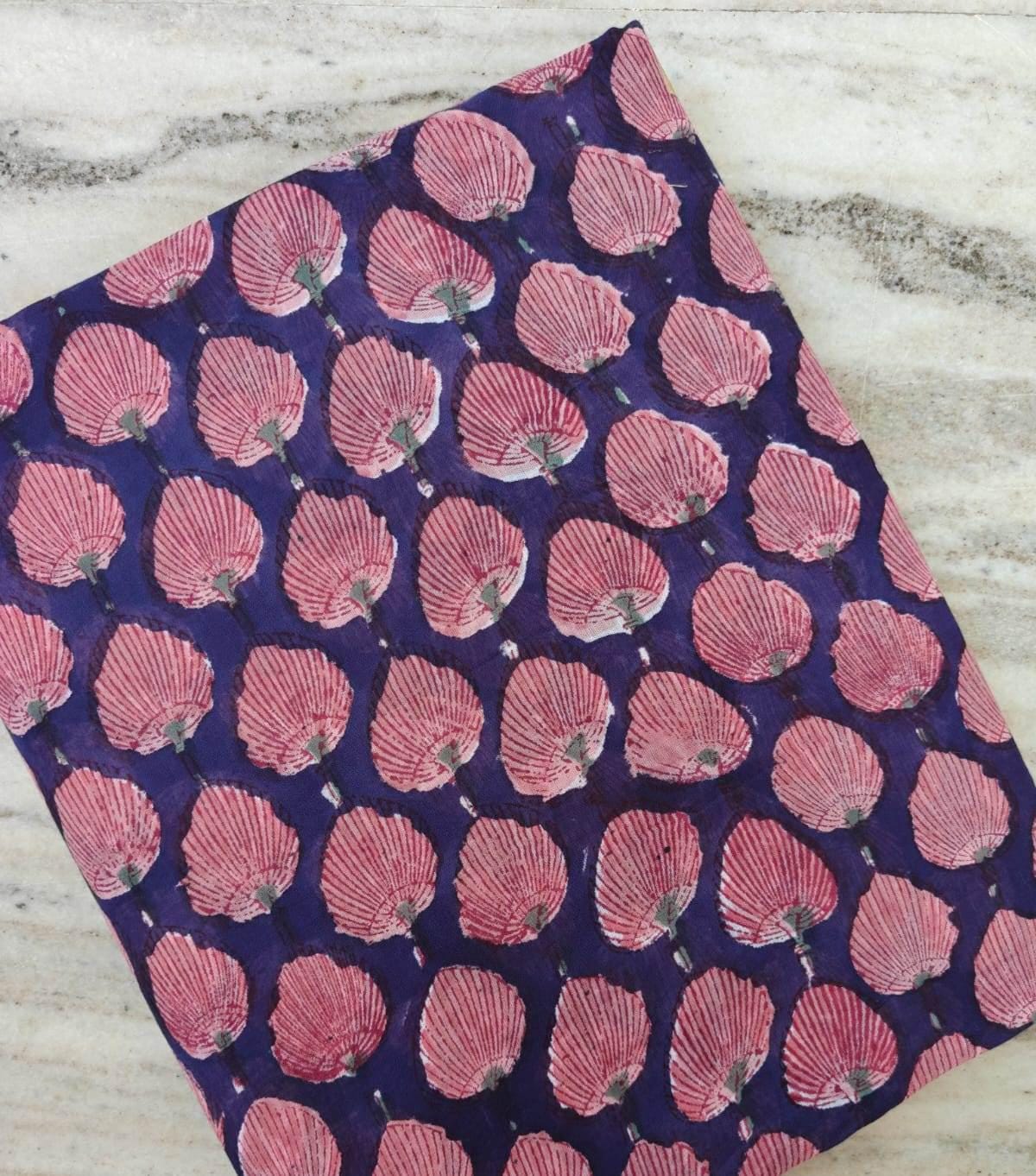 Pink Seashell Hand Block Print Cotton Fabric by the Yard, Indian Soft Cotton Fabric for Sewing Quilting Beach Decor, Fabric For Dress Making