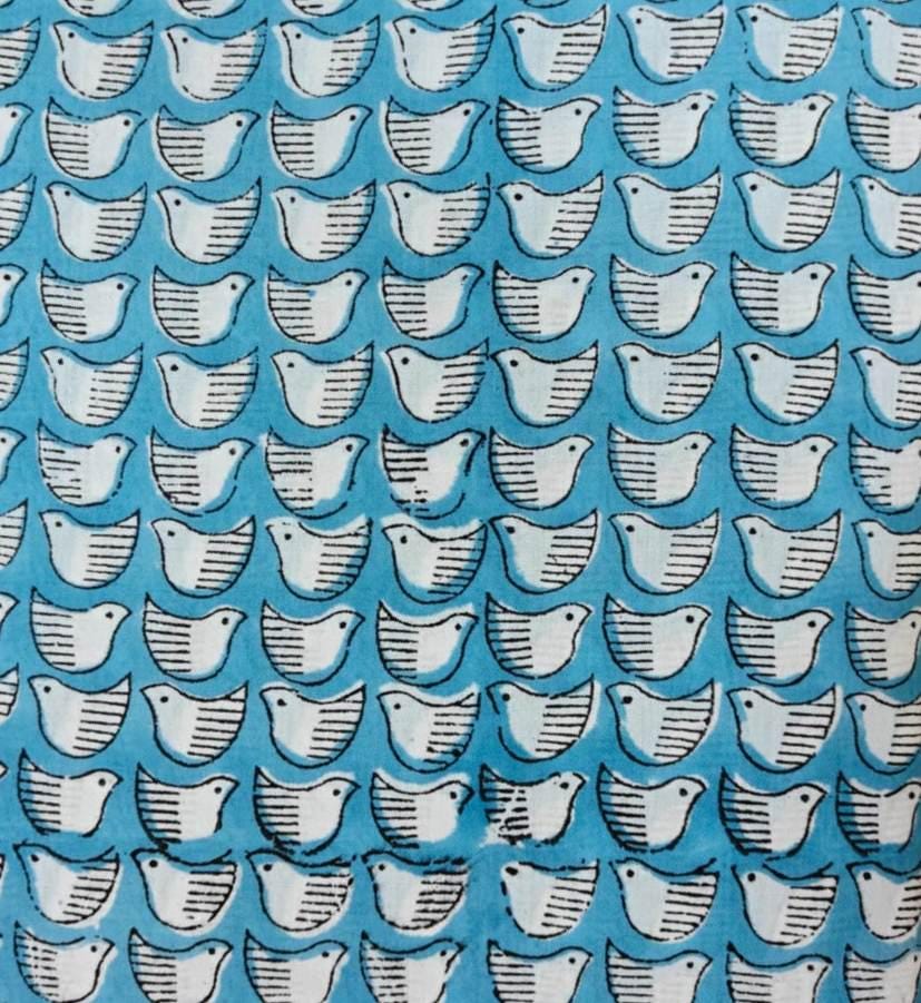 Blue Bird Print Cotton Fabric, Cute Hand Block Printed Cotton Cloth for Quilting, Sewing, Baby Crafts, Dressmaking, Home Decor Fabric, Gift