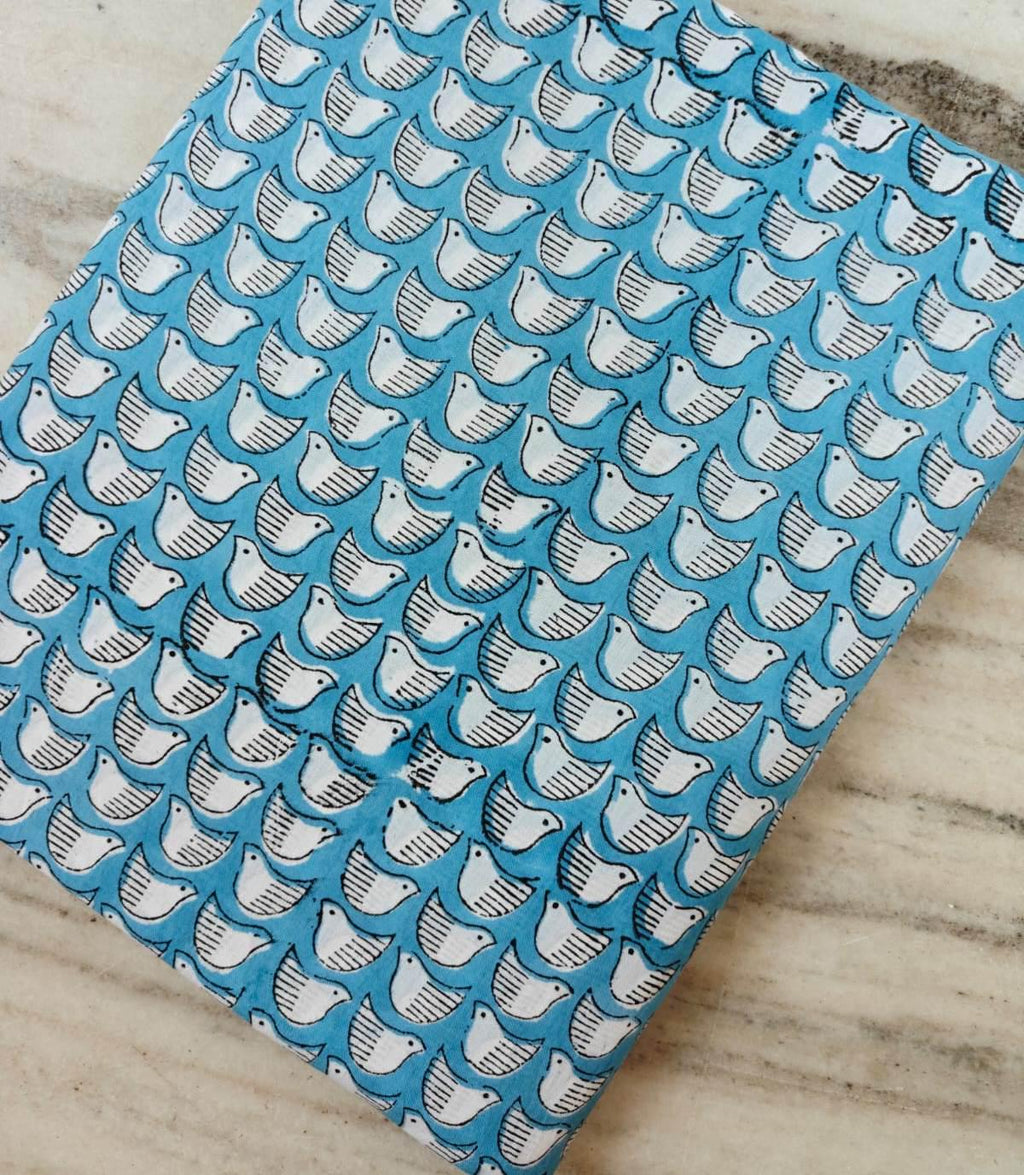 Blue Bird Print Cotton Fabric, Cute Hand Block Printed Cotton Cloth for Quilting, Sewing, Baby Crafts, Dressmaking, Home Decor Fabric, Gift