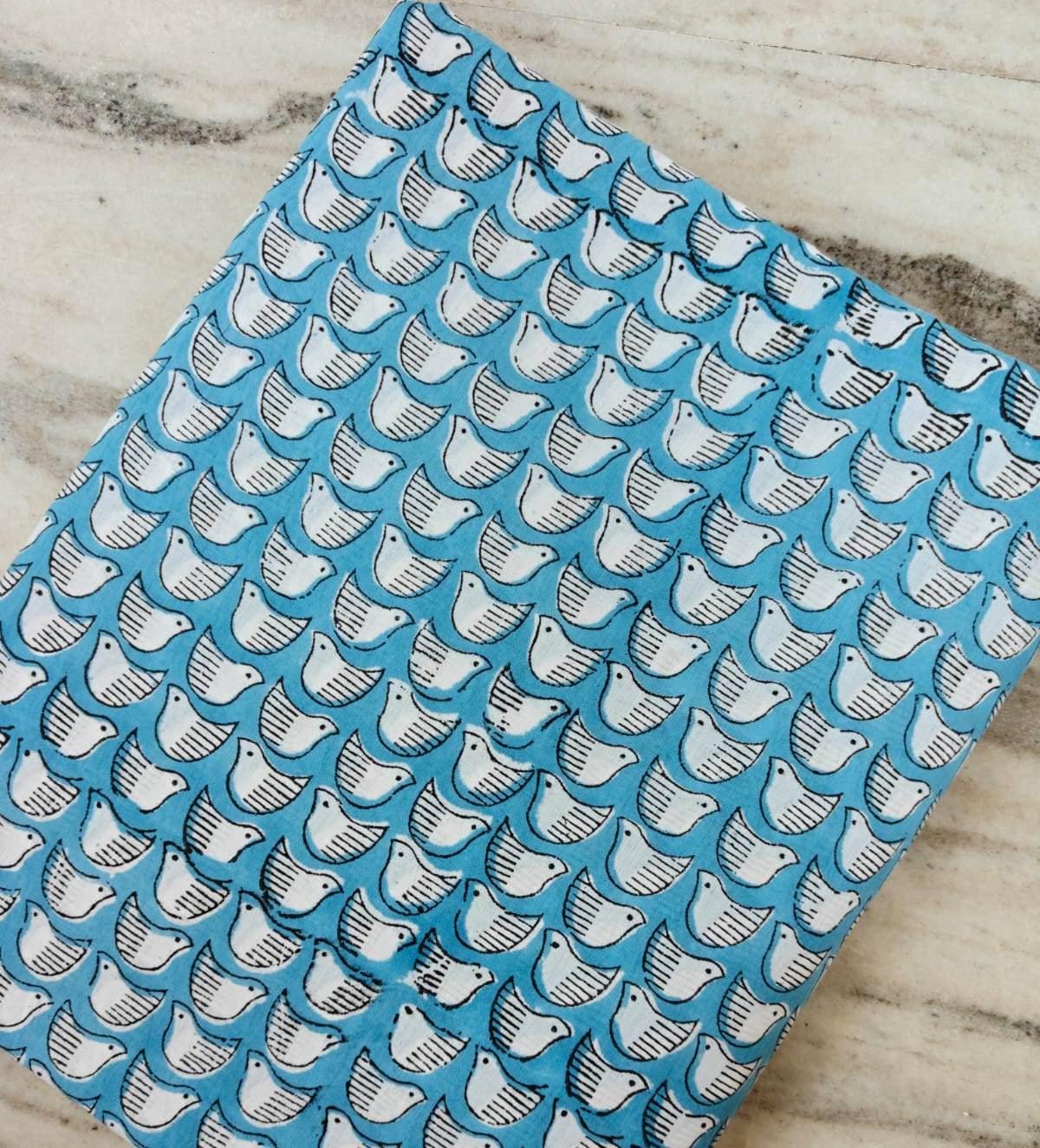 Blue Bird Print Cotton Fabric, Cute Hand Block Printed Cotton Cloth for Quilting, Sewing, Baby Crafts, Dressmaking, Home Decor Fabric, Gift