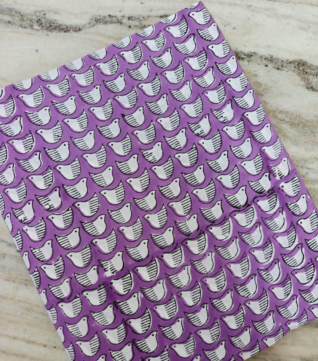 Purple Bird Print Cotton Fabric, Cute Hand Block Printed Cotton Cloth for Quilting, Sewing, Baby Crafts, Dressmaking, Home Decor Fabric