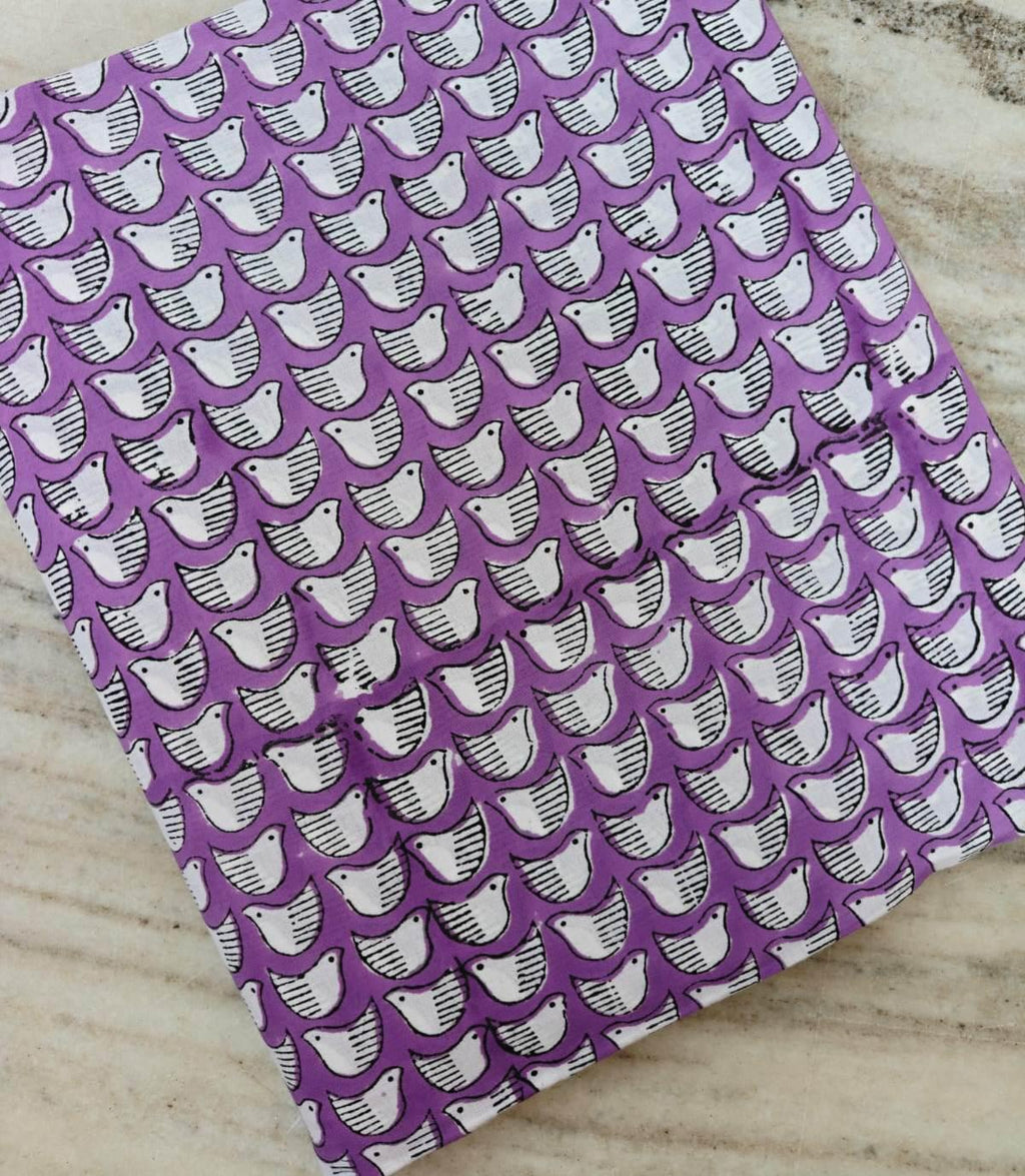 Purple Bird Print Cotton Fabric, Cute Hand Block Printed Cotton Cloth for Quilting, Sewing, Baby Crafts, Dressmaking, Home Decor Fabric