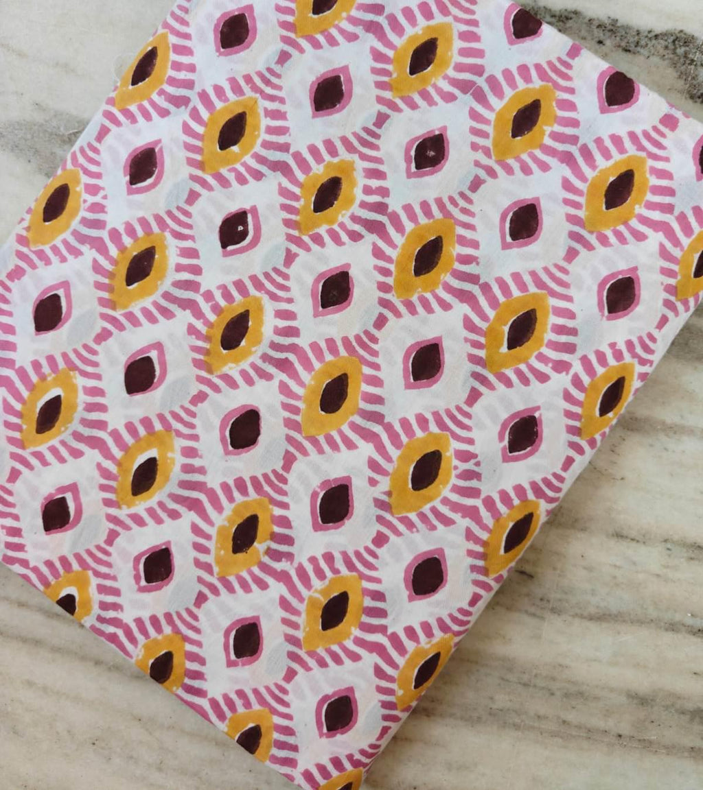 Hand Block Print Cotton Fabric by the Yard, Pink Mustard Geometric Indian Fabric, Boho Cotton Textile for Sewing Quilting Crafts, Napkins