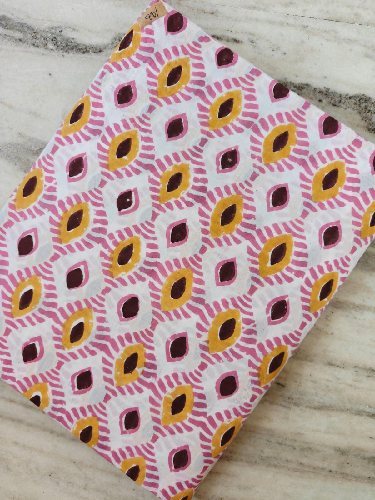 Hand Block Print Cotton Fabric by the Yard, Pink Mustard Geometric Indian Fabric, Boho Cotton Textile for Sewing Quilting Crafts, Napkins