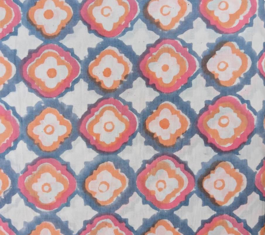 Hand Block Print Cotton Fabric by the Yard, Pink Mustard Geometric Indian Fabric, Boho Cotton Textile for Sewing Quilting Crafts, Nakins
