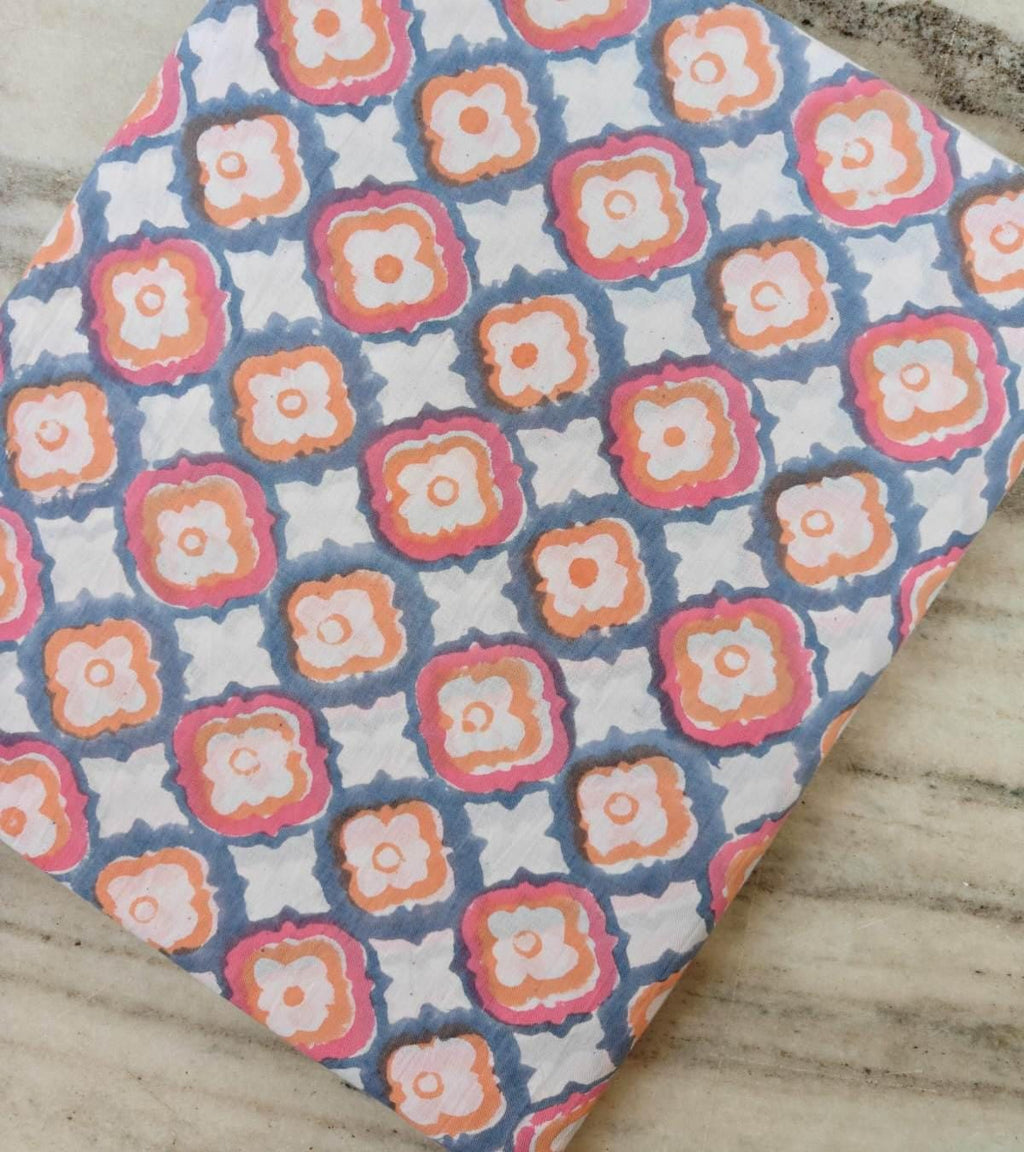 Hand Block Print Cotton Fabric by the Yard, Pink Mustard Geometric Indian Fabric, Boho Cotton Textile for Sewing Quilting Crafts, Nakins