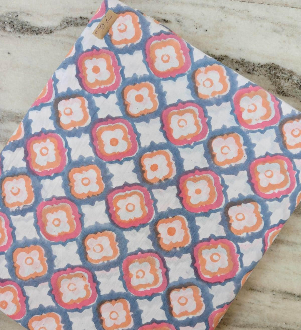 Hand Block Print Cotton Fabric by the Yard, Pink Mustard Geometric Indian Fabric, Boho Cotton Textile for Sewing Quilting Crafts, Nakins