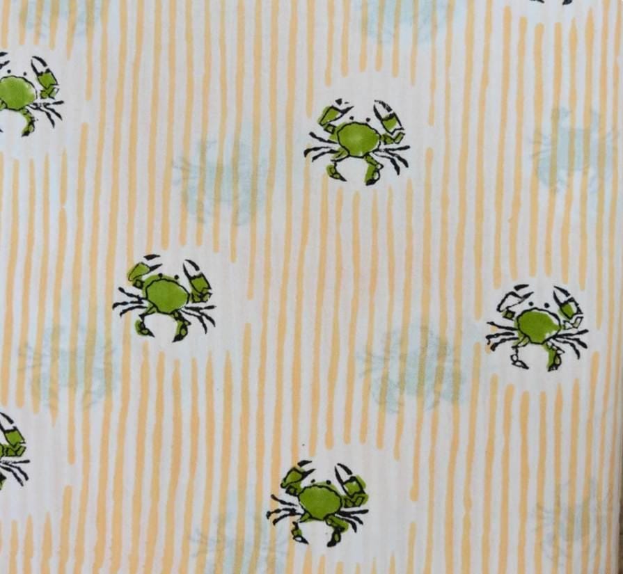 Crab Print Cotton Fabric by the Yard, Coastal Nautical Indian Block Print Fabric, Striped Cotton Textile for Sewing Quilting Crafts, Napkins