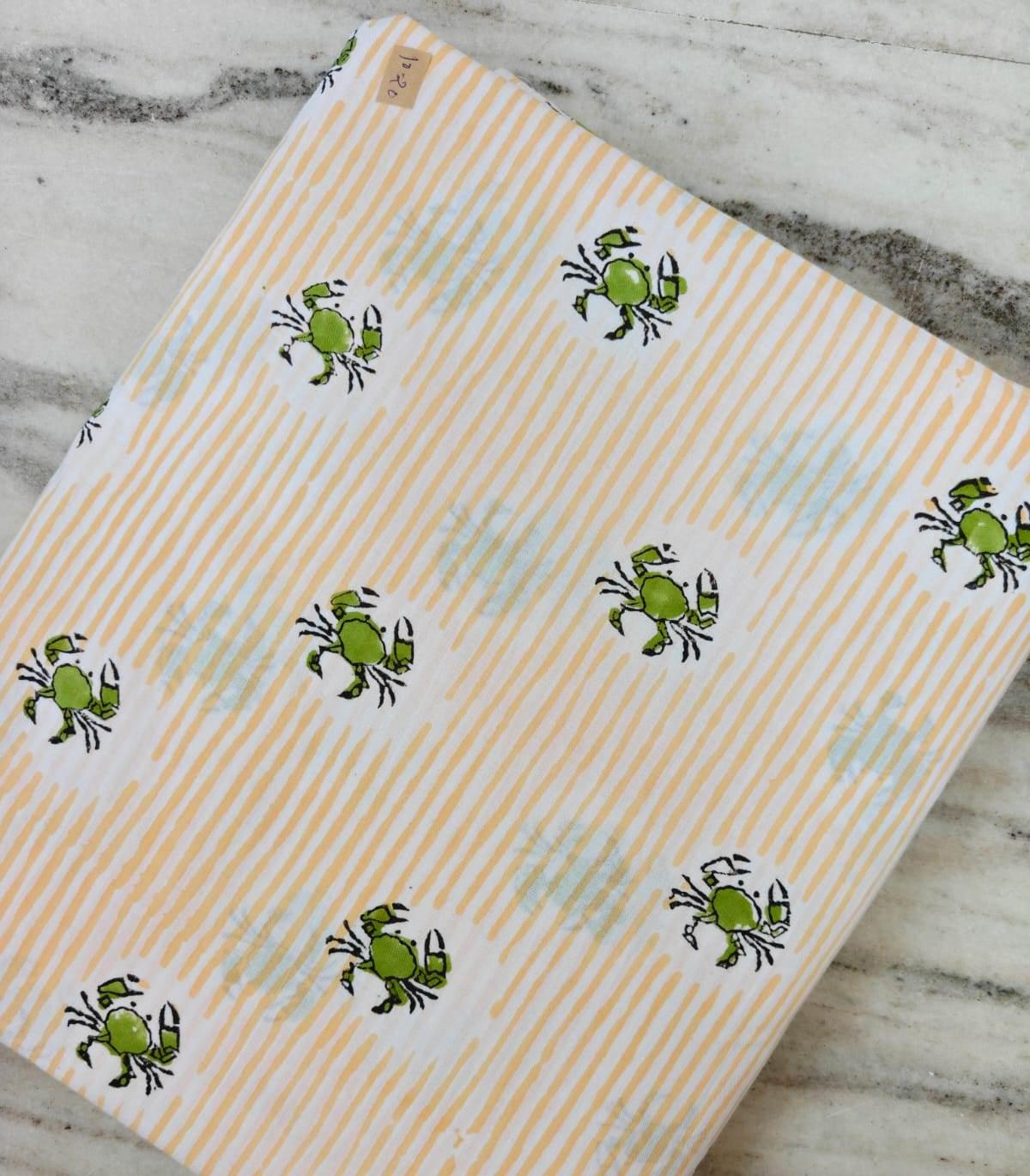 Crab Print Cotton Fabric by the Yard, Coastal Nautical Indian Block Print Fabric, Striped Cotton Textile for Sewing Quilting Crafts, Napkins