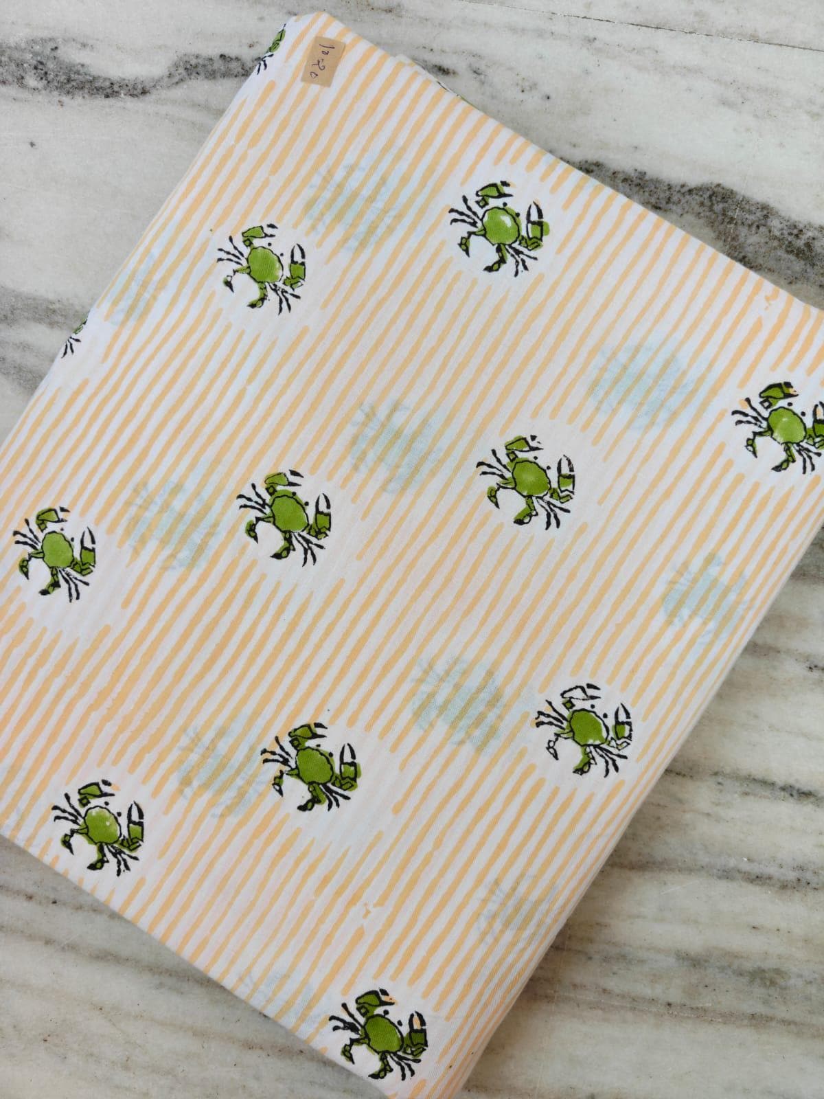 Crab Print Cotton Fabric by the Yard, Coastal Nautical Indian Block Print Fabric, Striped Cotton Textile for Sewing Quilting Crafts, Napkins