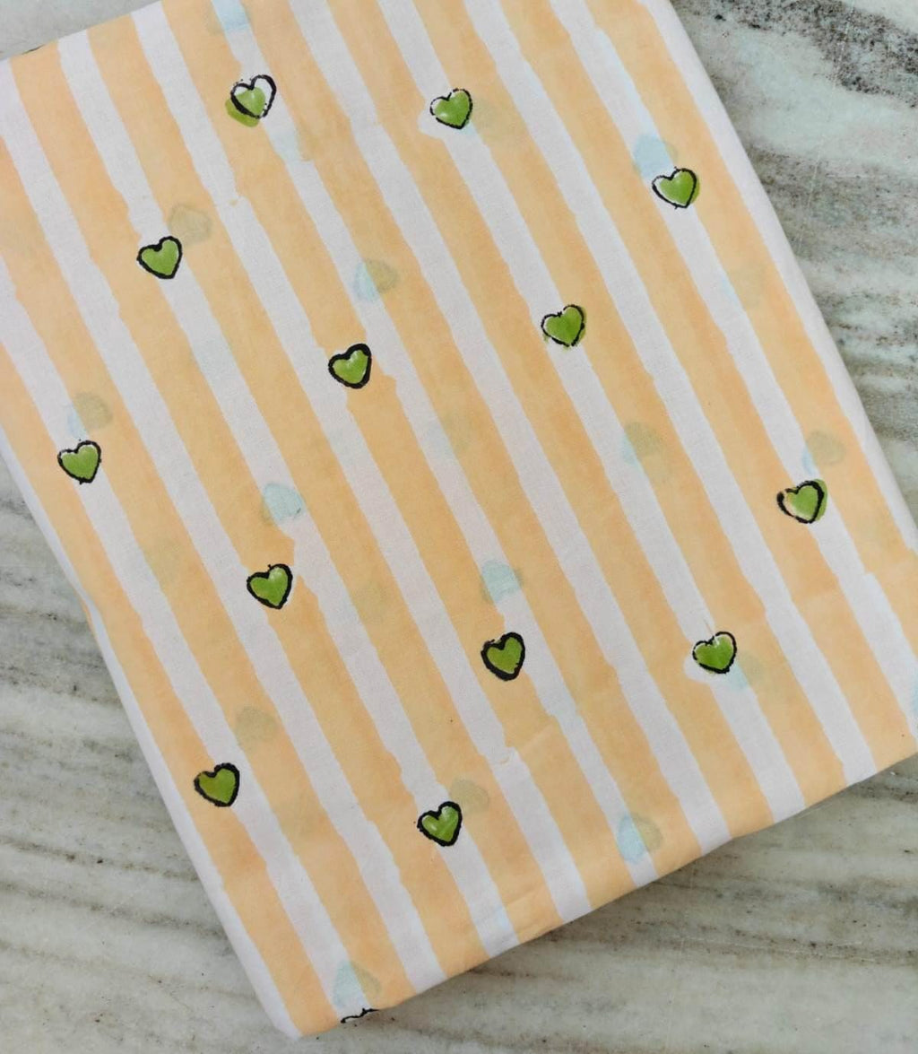 Heart Print Cotton Fabric by the Yard, Yellow Striped Cotton Fabric, Cute Hand Block Print Fabric for Sewing Crafts, Napkins, Dress Making