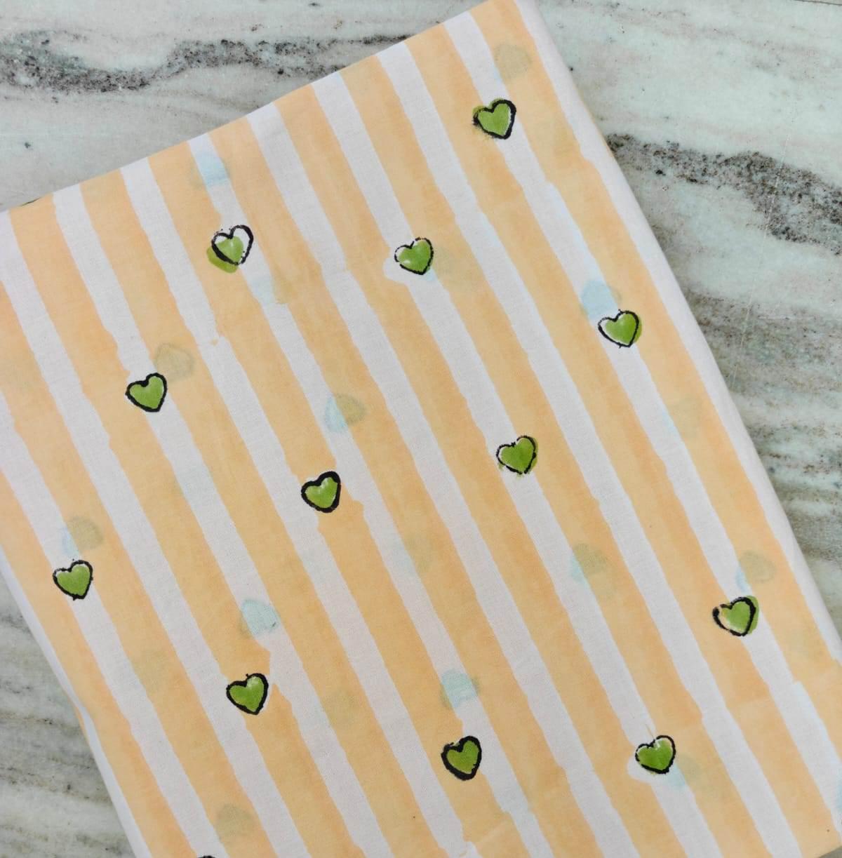 Heart Print Cotton Fabric by the Yard, Yellow Striped Cotton Fabric, Cute Hand Block Print Fabric for Sewing Crafts, Napkins, Dress Making