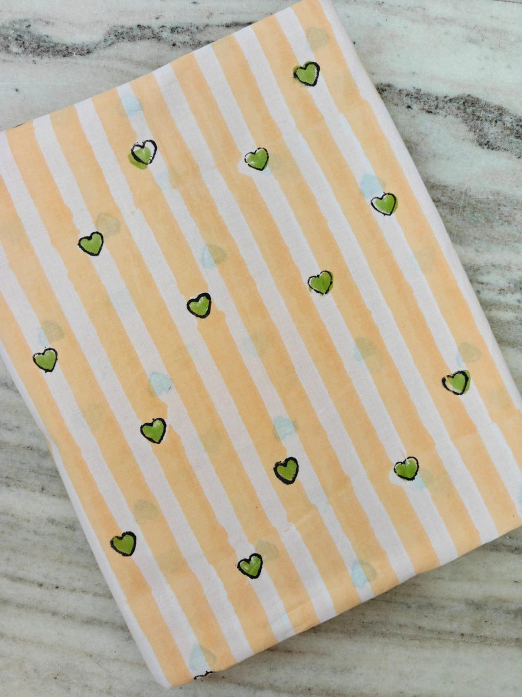 Heart Print Cotton Fabric by the Yard, Yellow Striped Cotton Fabric, Cute Hand Block Print Fabric for Sewing Crafts, Napkins, Dress Making