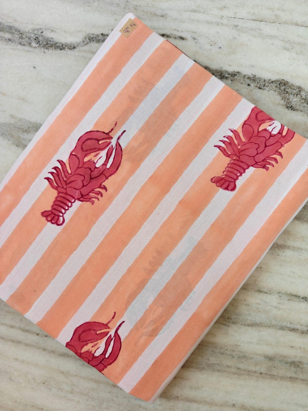 Peach Stripe Lobster Cotton Fabric | Nautical Seafood Print Fabric by the Yard | Coastal Summer Sewing Craft Fabric, Dress Making Fabric