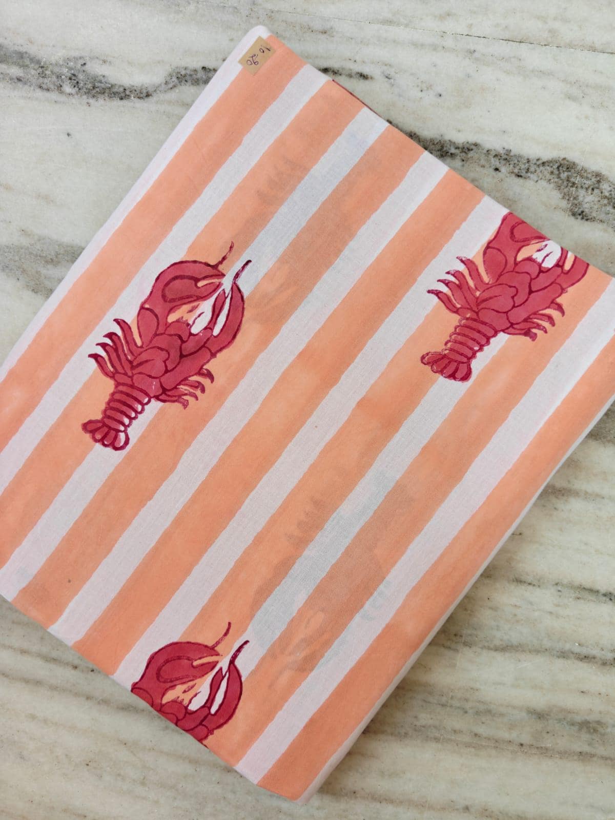 Peach Stripe Lobster Cotton Fabric | Nautical Seafood Print Fabric by the Yard | Coastal Summer Sewing Craft Fabric, Dress Making Fabric