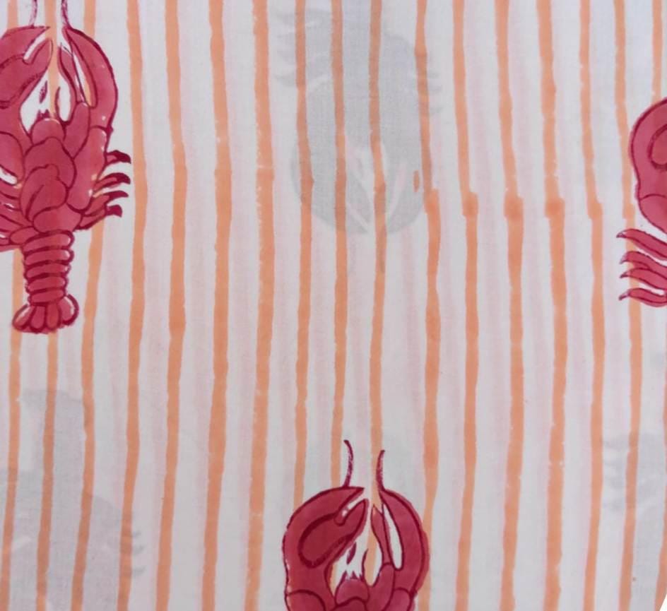 Pink Stripe Lobster Cotton Fabric | Nautical Seafood Print Fabric by the Yard | Coastal Summer Sewing Craft Fabric, Dress Making Fabric