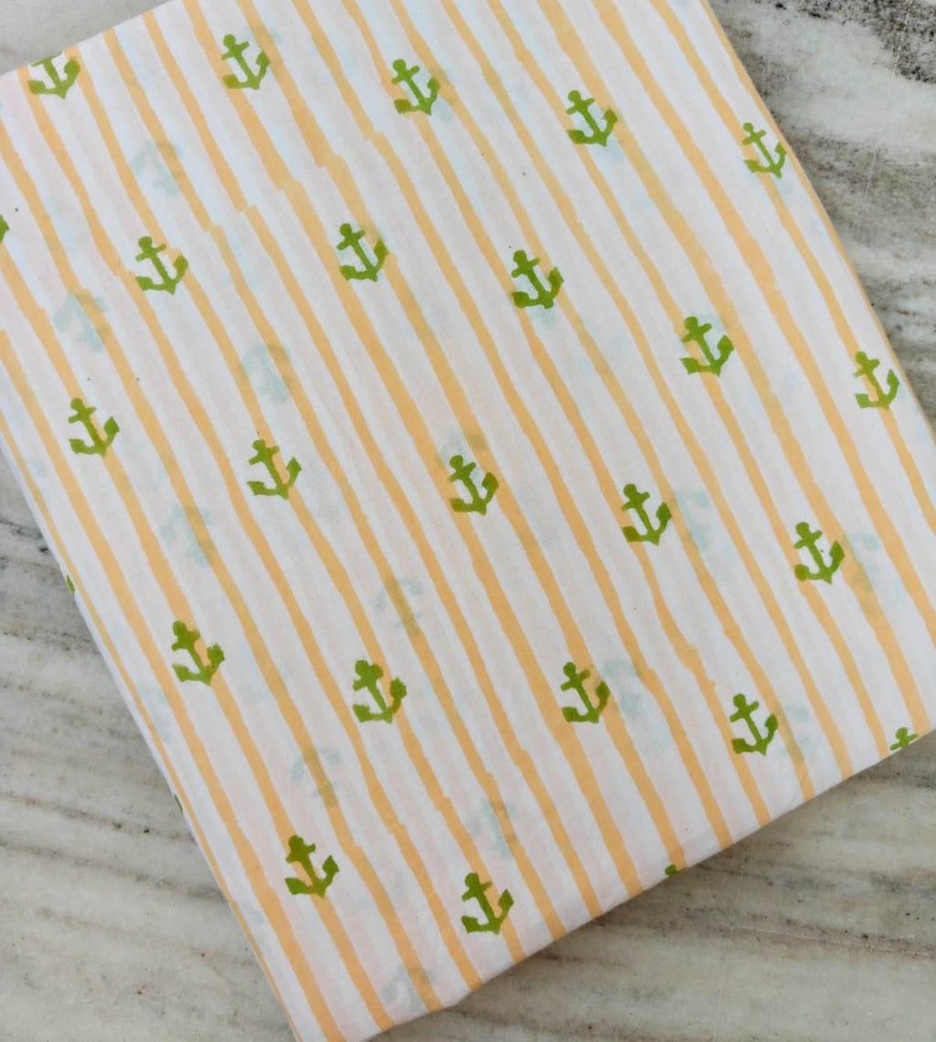 Hand Block Nautical Anchor Print Cotton Fabric, Yellow Stripe Marine Theme Cotton Cloth for Quilting, Sewing & Craft Projects, Dress Making