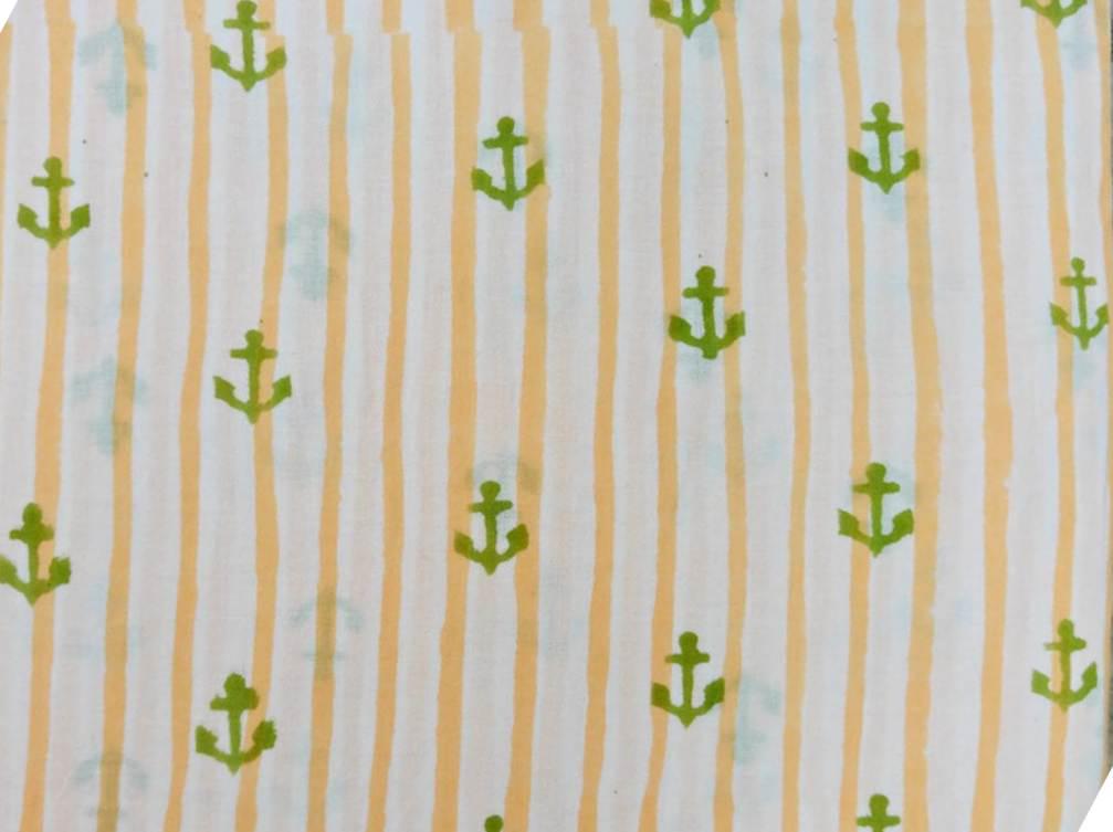 Hand Block Nautical Anchor Print Cotton Fabric, Yellow Stripe Marine Theme Cotton Cloth for Quilting, Sewing & Craft Projects, Dress Making