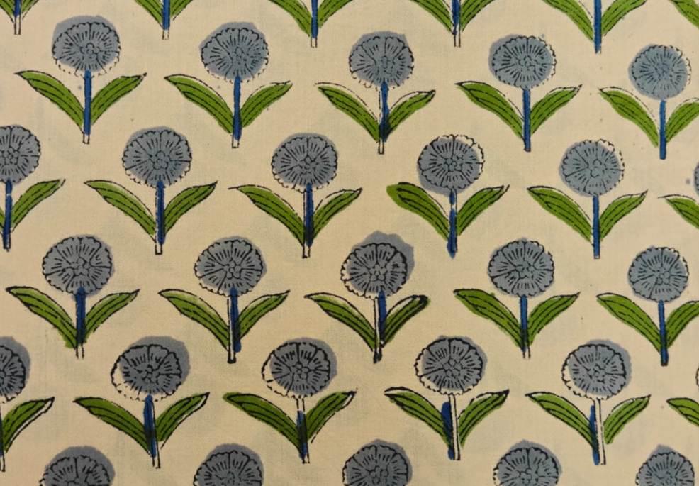Grey Floral Hand Block Print Cotton Fabric by Yard, Indian Botanical Cotton Fabric for Sewing, Quilting, Dressmaking & Crafts, Home Decor