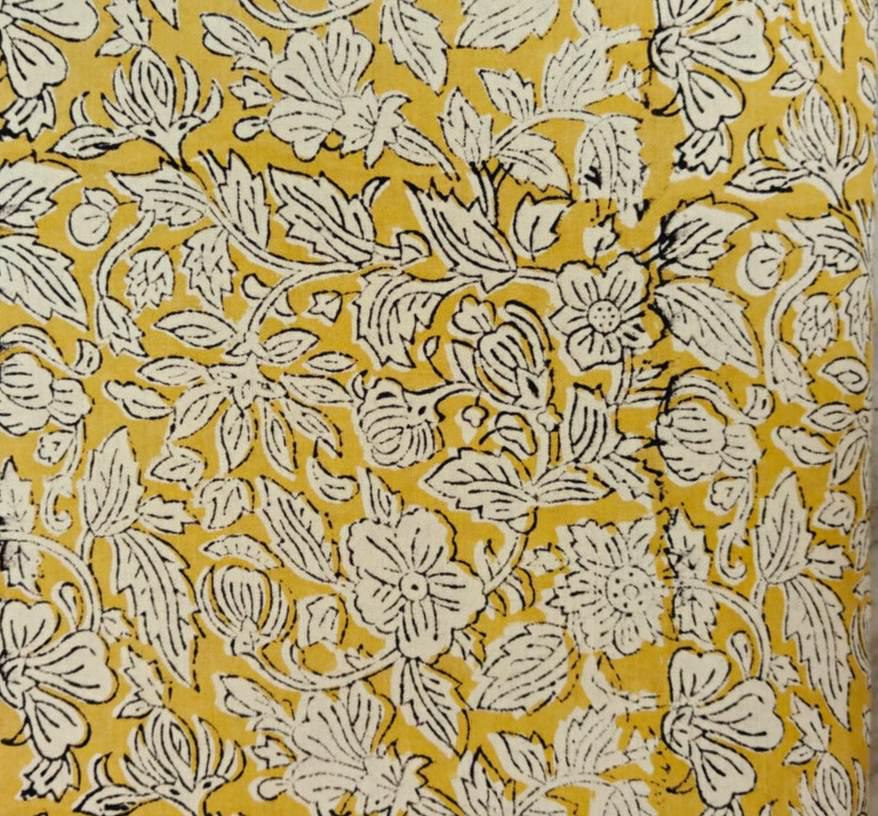 Mustard Yellow Floral Block Print Cotton Fabric by Yard, Indian Hand Block Fabric, Botanical Vine Textile for Sewing Quilting Decor, Napkins