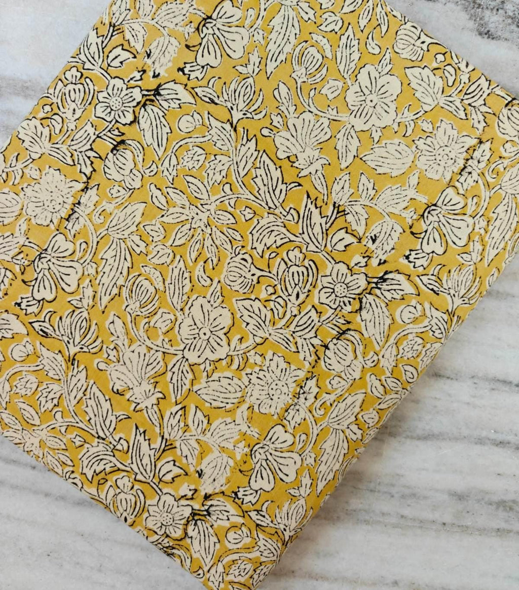 Mustard Yellow Floral Block Print Cotton Fabric by Yard, Indian Hand Block Fabric, Botanical Vine Textile for Sewing Quilting Decor, Napkins