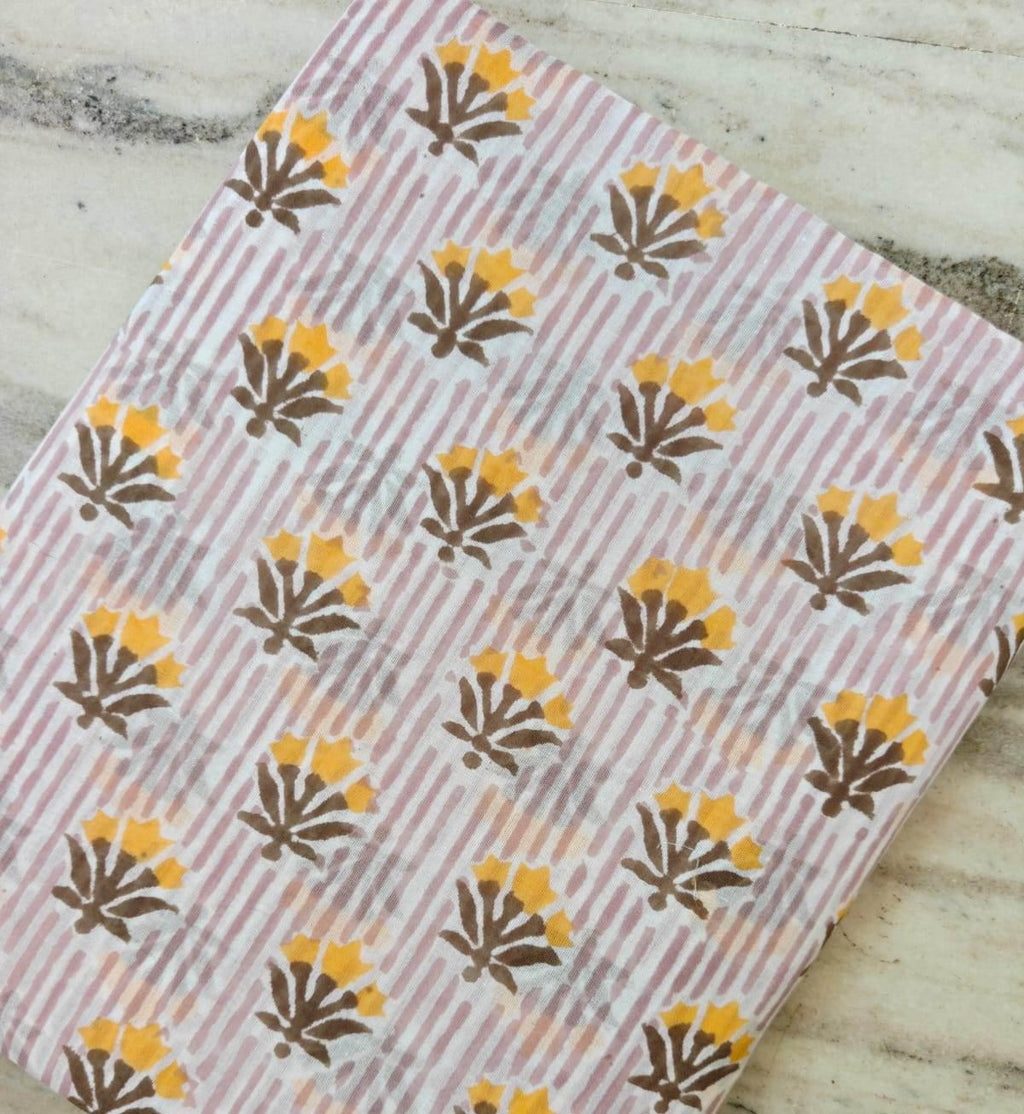 Pink Striped Floral Cotton Fabric by Yard, Hand Block Print Cotton Fabric, Indian Cotton Fabric for Sewing Quilting Dressmaking Craft Fabric